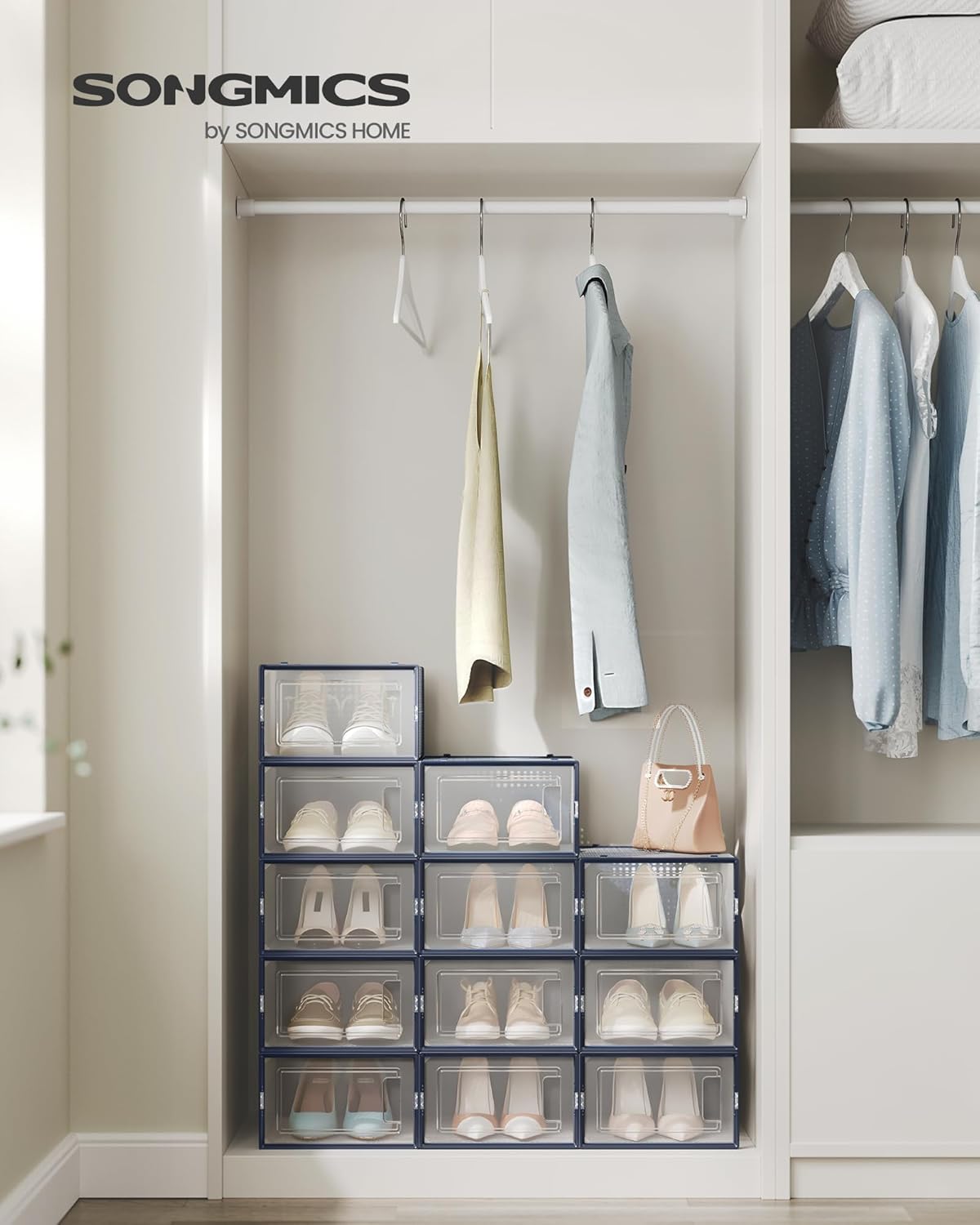 Shoe Boxes, Pack of 12 Shoe Storage Organizers, Stackable Clear Plastic Boxes for Closet, Sneakers, 9.1 X 13.1 X 5.6 Inches, Fit up to US Size 11, Transparent and Charcoal Blue ULSP12SB30