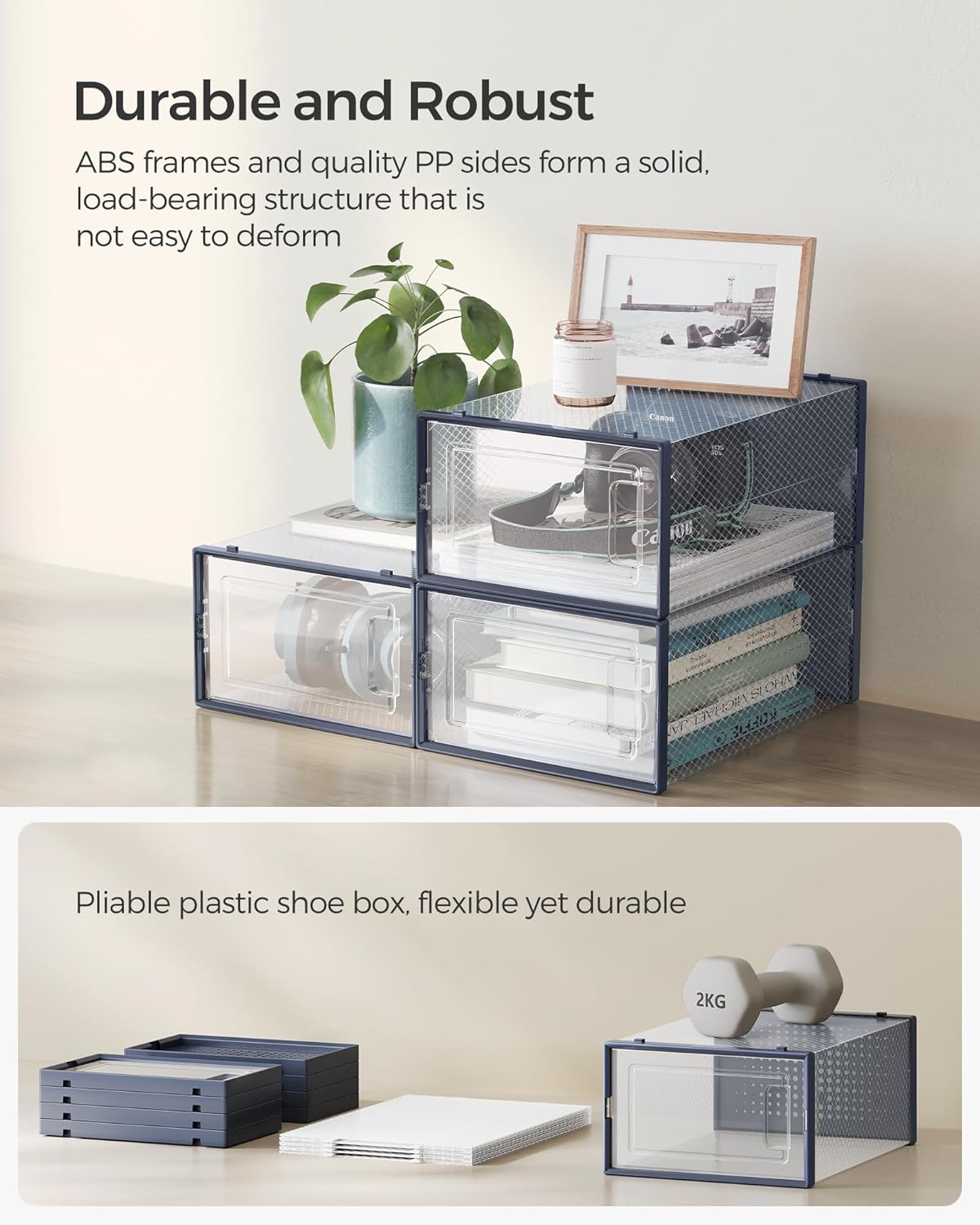 Shoe Boxes, Pack of 12 Shoe Storage Organizers, Stackable Clear Plastic Boxes for Closet, Sneakers, 9.1 X 13.1 X 5.6 Inches, Fit up to US Size 11, Transparent and Charcoal Blue ULSP12SB30