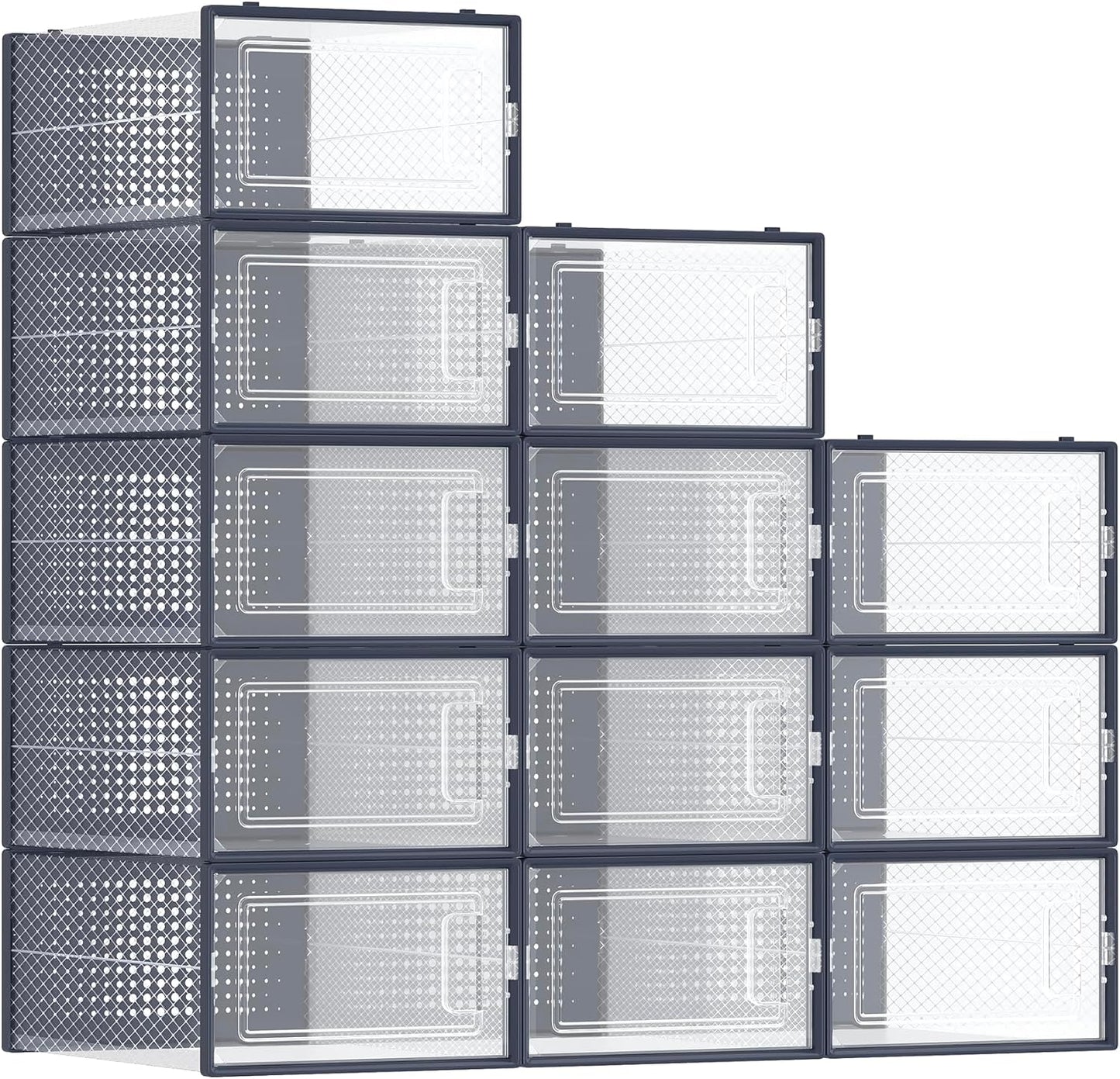 Shoe Boxes, Pack of 12 Shoe Storage Organizers, Stackable Clear Plastic Boxes for Closet, Sneakers, 9.1 X 13.1 X 5.6 Inches, Fit up to US Size 11, Transparent and Charcoal Blue ULSP12SB30