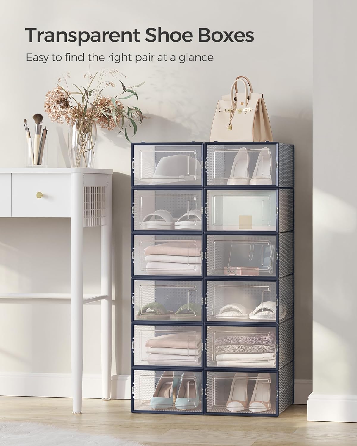 Shoe Boxes, Pack of 12 Shoe Storage Organizers, Stackable Clear Plastic Boxes for Closet, Sneakers, 9.1 X 13.1 X 5.6 Inches, Fit up to US Size 11, Transparent and Charcoal Blue ULSP12SB30