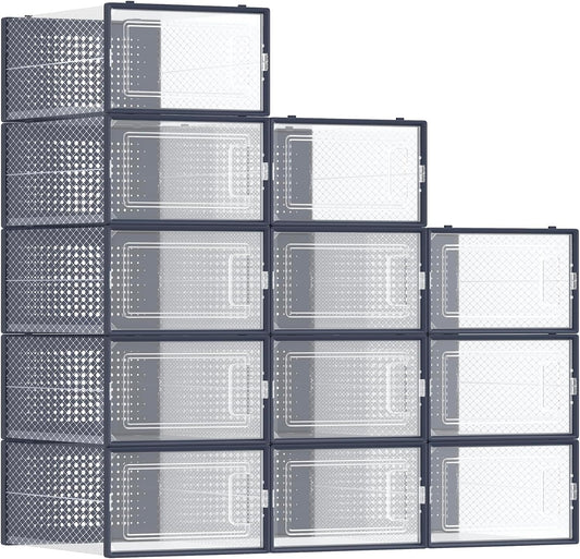 Shoe Boxes, Pack of 12 Shoe Storage Organizers, Stackable Clear Plastic Boxes for Closet, Sneakers, 9.1 X 13.1 X 5.6 Inches, Fit up to US Size 11, Transparent and Charcoal Blue ULSP12SB30